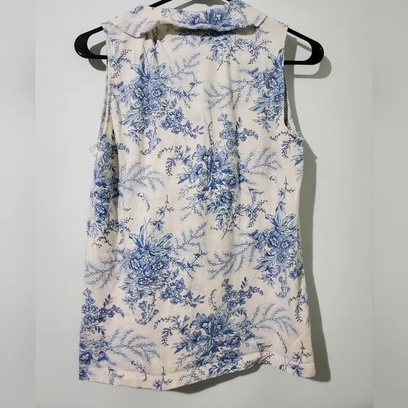 Vintage Ralph Lauren Blue Floral Toile Ruffle Blouse Cottagecore Sleeveless L - Picture 3 of 6